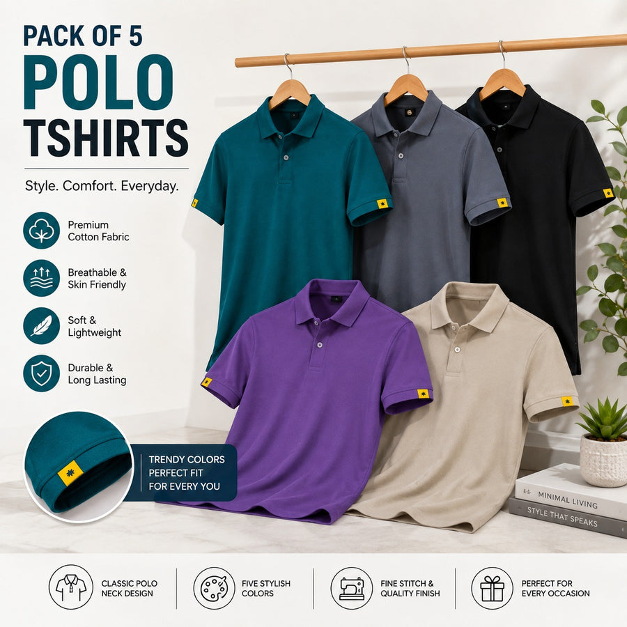 New Pack of 5 Polyester polo Tshirt (assorted color)