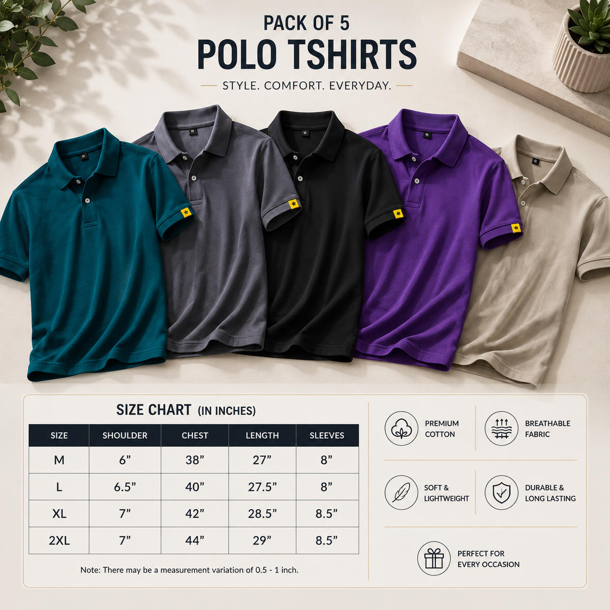 New Pack of 5 Polyester polo Tshirt (assorted color)